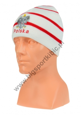 czapka jesień/zima POLSKI biała w paski (napis) wzór C-13 