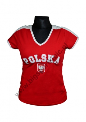 koszulka bawełniana damska kibica POLSKI czerwona (haft) (KB-23)