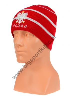 czapka jesień/zima POLSKI czerwona w paski (napis) wzór C-16 
